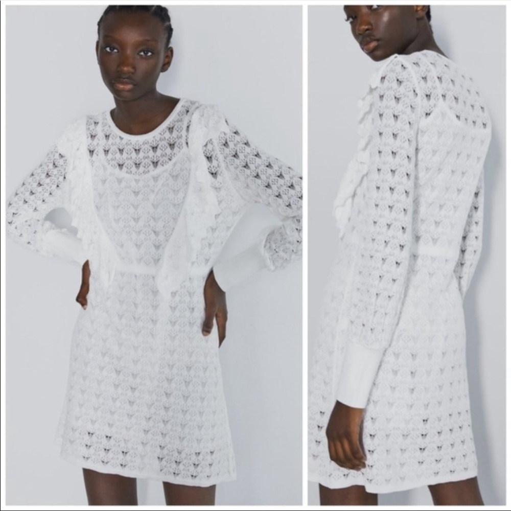 ZARA White Knit Lace Mini Dress - Picture 2 of 11